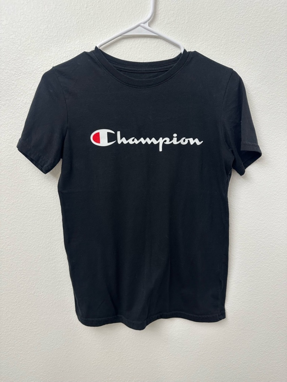 Champion Black Tee with White and Red Logo Detail